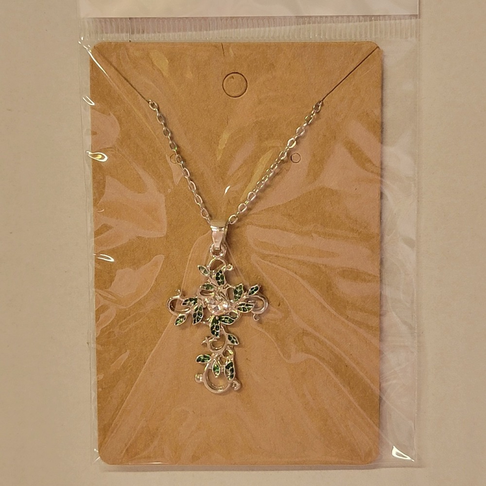 Climbing Ivy & Crystal Cross Pendant Faith Necklace